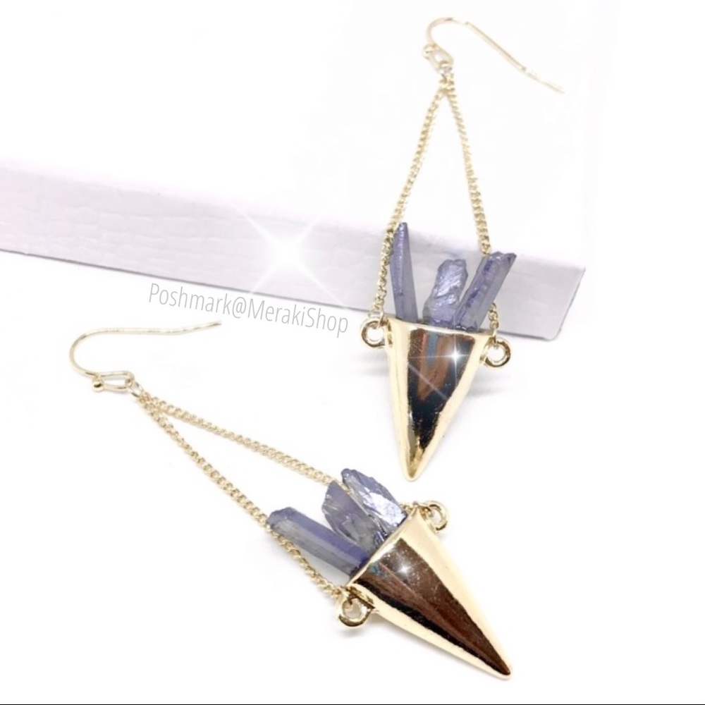 Anthro🧚🏼 Gold Plated Blue Fairy Aura Quartz Point Gemstone Crystal Earri…